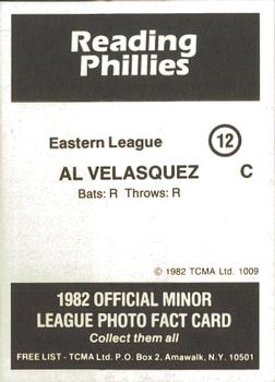 1982 TCMA Reading Phillies #12 Al Velasquez Back