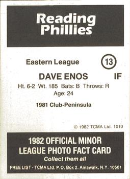 1982 TCMA Reading Phillies #13 Dave Enos Back