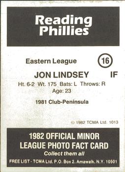 1982 TCMA Reading Phillies #16 Jon Lindsey Back