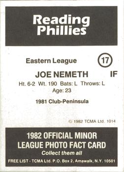 1982 TCMA Reading Phillies #17 Joe Nemeth Back