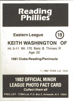 1982 TCMA Reading Phillies #19 Keith Washington Back