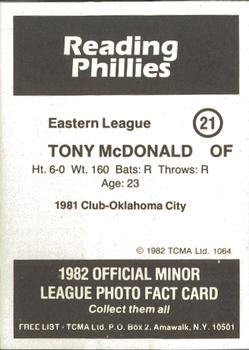 1982 TCMA Reading Phillies #21 Tony McDonald Back