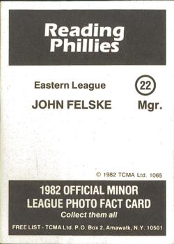 1982 TCMA Reading Phillies #22 John Felske Back