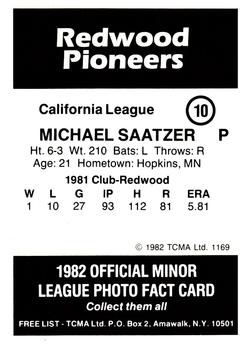 1982 TCMA Redwood Pioneers #10 Michael Saatzer Back