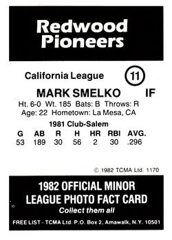 1982 TCMA Redwood Pioneers #11 Mark Smelko Back