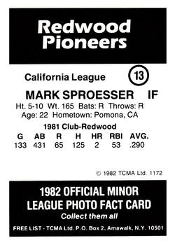 1982 TCMA Redwood Pioneers #13 Mark Sproesser Back