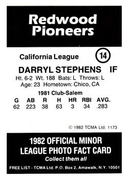 1982 TCMA Redwood Pioneers #14 Darryl Stephens Back