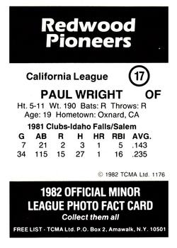 1982 TCMA Redwood Pioneers #17 Paul Wright Back