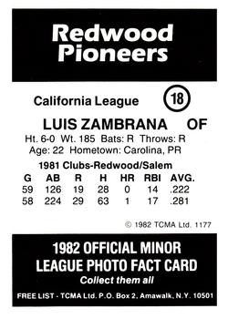 1982 TCMA Redwood Pioneers #18 Luis Zambrana Back