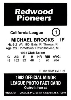 1982 TCMA Redwood Pioneers #1 Michael Brooks Back