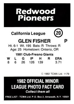 1982 TCMA Redwood Pioneers #20 Glenn Fisher Back