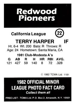 1982 TCMA Redwood Pioneers #22 Terry Harper Back