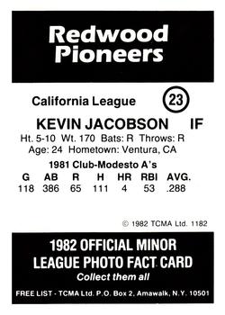 1982 TCMA Redwood Pioneers #23 Kevin Jacobson Back