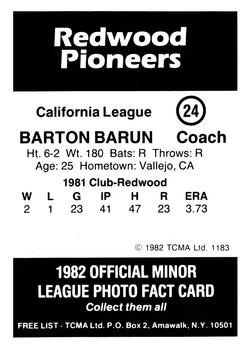 1982 TCMA Redwood Pioneers #24 Barton Braun Back