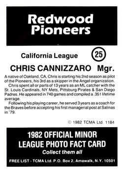 1982 TCMA Redwood Pioneers #25 Chris Cannizzaro Back