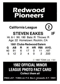 1982 TCMA Redwood Pioneers #2 Steven Eakes Back