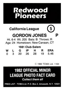 1982 TCMA Redwood Pioneers #5 Gordon Jones Back