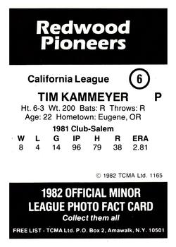 1982 TCMA Redwood Pioneers #6 Tim Kammeyer Back