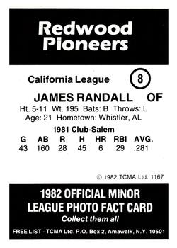 1982 TCMA Redwood Pioneers #8 James Randall Back