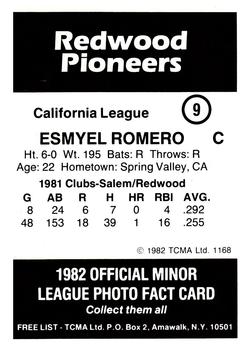 1982 TCMA Redwood Pioneers #9 Esmyel Romero Back
