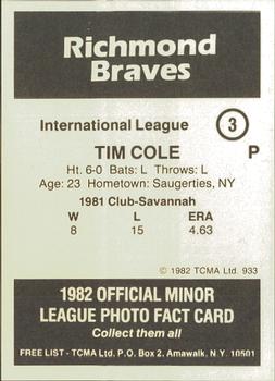 1982 TCMA Richmond Braves #3 Tim Cole Back