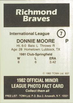 1982 TCMA Richmond Braves #7 Donnie Moore Back