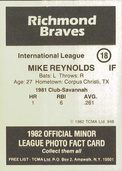 1982 TCMA Richmond Braves #18 Mike Reynolds Back