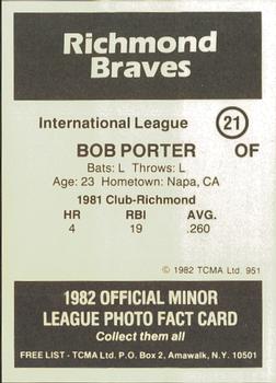 1982 TCMA Richmond Braves #21 Bob Porter Back