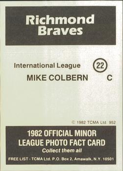 1982 TCMA Richmond Braves #22 Mike Colbern Back