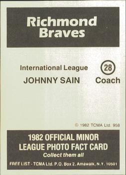 1982 TCMA Richmond Braves #28 Johnny Sain Back