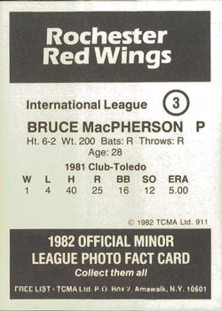 1982 TCMA Rochester Red Wings #3 Bruce MacPherson Back