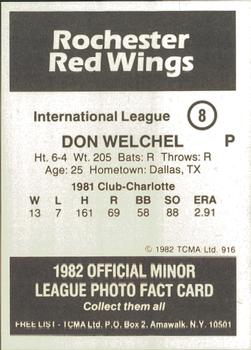 1982 TCMA Rochester Red Wings #8 Don Welchel Back