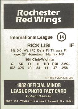 1982 TCMA Rochester Red Wings #14 Rick Lisi Back