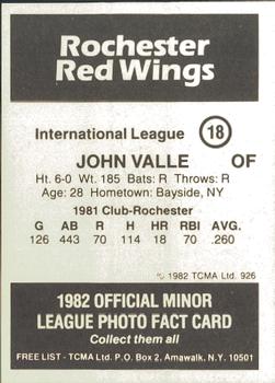 1982 TCMA Rochester Red Wings #18 John Valle Back