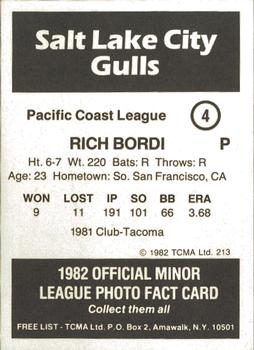 1982 TCMA Salt Lake City Gulls #4 Rich Bordi Back