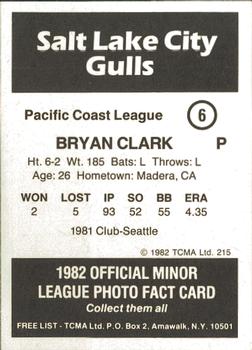 1982 TCMA Salt Lake City Gulls #6 Bryan Clark Back