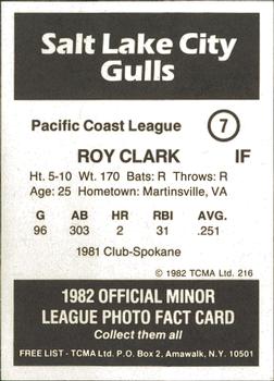 1982 TCMA Salt Lake City Gulls #7 Roy Clark Back