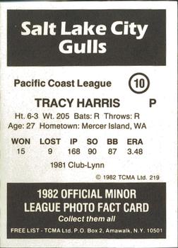 1982 TCMA Salt Lake City Gulls #10 Tracy Harris Back