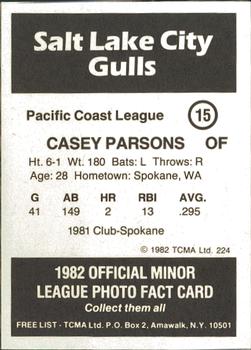 1982 TCMA Salt Lake City Gulls #15 Casey Parsons Back
