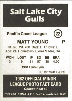 1982 TCMA Salt Lake City Gulls #22 Matt Young Back