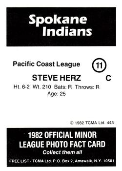 1982 TCMA Spokane Indians #11 Steve Herz Back