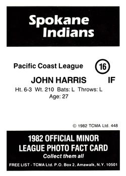 1982 TCMA Spokane Indians #16 John Harris Back