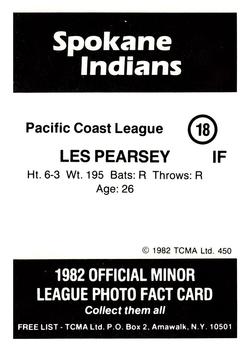 1982 TCMA Spokane Indians #18 Les Pearsey Back