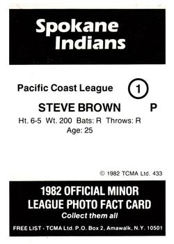 1982 TCMA Spokane Indians #1 Steve Brown Back