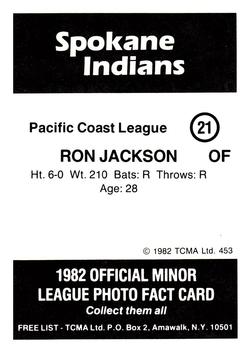 1982 TCMA Spokane Indians #21 Ron Jackson Back