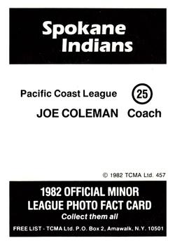 1982 TCMA Spokane Indians #25 Joe Coleman Back