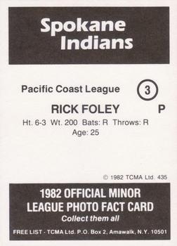 1982 TCMA Spokane Indians #3 Rick Foley Back