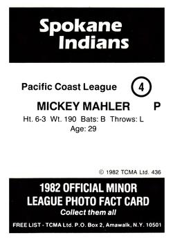 1982 TCMA Spokane Indians #4 Mickey Mahler Back
