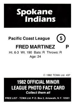 1982 TCMA Spokane Indians #5 Fred Martinez Back