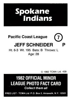 1982 TCMA Spokane Indians #7 Jeff Schneider Back